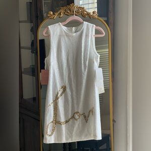 Theia White Mini Dress with Gold Sequin "Love"